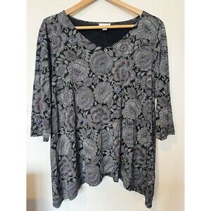 J Jill Multicolored Floral Print 3/4 Sleeve V Neck Blouse Size Petite Large